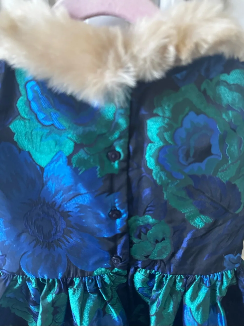 Janie and Jack Girls Navy and Teal Floral Party Dress with Faux Fur Collar
